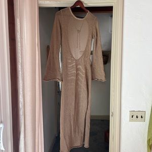 Brown Crochet Bell Sleeve Open Back Maxi Dress L